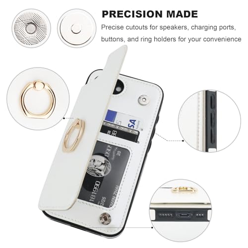 ONETOP for iPhone 17e/16e Wallet Case with Credit Card Holder,White | 360° Rotation Ring Kickstand,Finger Grip,Double Magnetic Clasp,RFID Blocking PU Leather Shockproof Cover for Women Men - color: White