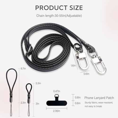 Crossbody Phone Strap with 2 Pads, Leather & Adjustable Finger Strap - Compatible with Most Smartphones (Black) - color: Black