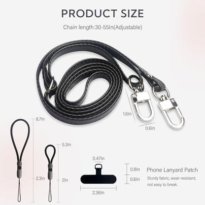 Crossbody Phone Strap with 2 Pads, Leather & Adjustable Finger Strap - Compatible with Most Smartphones (Black) - color: Black