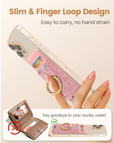 Shorogyt Compatible with Magsafe Wallet with Ring, Glitter Pink - color: Glitter Pink
