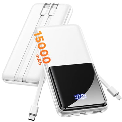 CFIAI Portable Charger 15000mAh Slim Power Bank with Built in Cables - color: Snowy