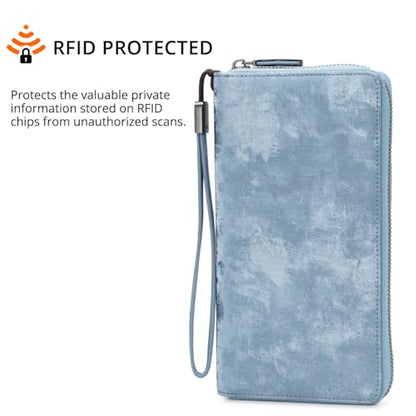 Bveyzi Women RFID Blocking Wallet Leather Zip Around Phone Clutch Large Capacity Ladies Travel Purse Wristlet - color: Ice Blue