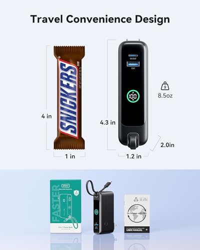 INIU Portable Charger, 10000mAh 30W Fast Charging Power Bank, Built-in USB C Cable and Foldable AC Plug, Travel Essentials Battery Pack for iPhone 16 15, Samsung S25 S24, MacBook