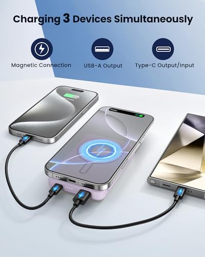 for Magsafe Battery Pack 12000mAh Magnetic Power Bank Portable Charger USB C 20W Fast Charging Wireless Charger Travel Essential for iPhone 16/15/14/13/12 Series Purple | PD 22.5W Fast Charging, USB C in&Out Wireless Battery Pack Phone Charger for iPhone