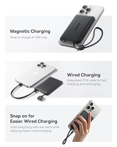 Baseus Picogo Qi2 15W Magsafe Portable Charger, 0.5" Ultra Slim 10000mAh Wireless Power Bank with 27W Built-in USB-C Cable, Magnetic Battery Pack for iPhone 17 Pro Max/17 Pro/Air/16/15/14/13/12 | 10000mAh Wireless Power Bank, 27W Fast Charging Magnetic Ba
