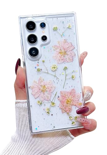 Compatible with Samsung Galaxy S24 Ultra Case Cute Pressed Dried Real Flowers Design Women Girly Shockproof Hard PC+ TPU Bumper Floral Phone Cover for Galaxy S24 Ultra (Light Pink) - color: Light Pink, size: Samsung S24 Ultra