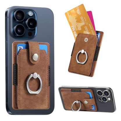 Cell Phone Card Holder with Ring Grip,Adhesive Phone Card Wallet,Brown - color: Brown