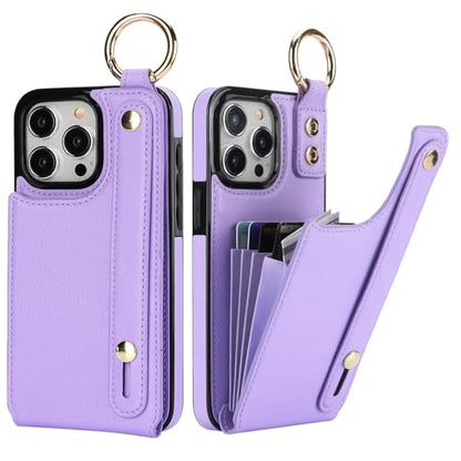 Folosu for iPhone 15 Pro Max Wallet Case with Card Holder, Hand Wrist Strap Loop Holder Kickstand, RFID Blocking Finger Grip Ring PU Leather Double Buttons Shockproof Cover 6.7" Purple - color: Purple