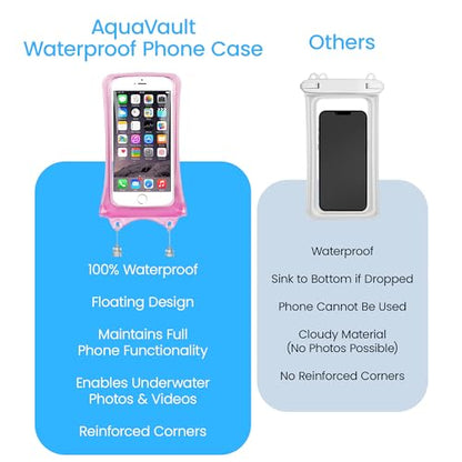 AquaVault Floating Waterproof Phone Pouch Case Universal for iPhone Android | Pink. Floats and keeps phones and cash dry. Heavy-duty PVC, drop protection, adjustable neck strap. Fits any phone size. - color: Pink