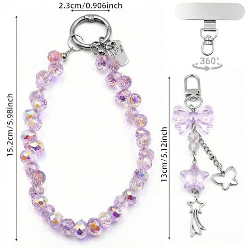 Crystal Beaded Phone Wrist Strap, Cute Cellphone Lanyard Chain, Bow Keychain Wristlet Bag Charms for Women - color: Purple