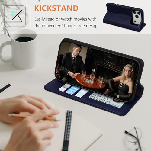 for iPhone 17 Pro Max 6.9" Wallet Case Card Holder Blue | Magsafe Compatible,RFID Blocking,Kickstand,Folio Cover,Genuine Leather - color: Blue, size: 6.9" iPhone 17 Pro Max