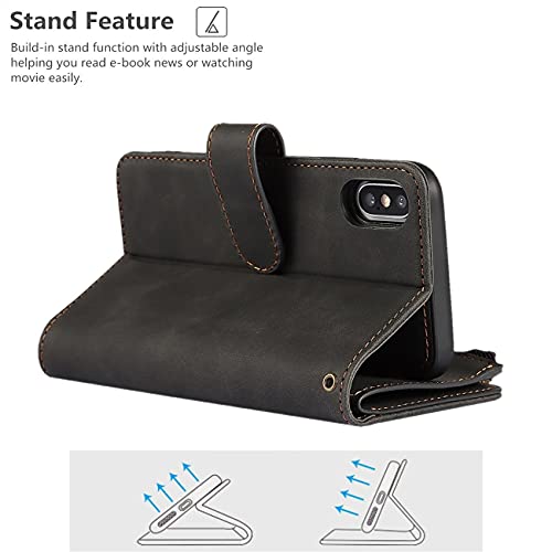 iCoverCase for iPhone X/XS Wallet Case with Card Holder and Wrist Strap, PU Leather Kickstand Card Slots Zipper Pocket Magnetic [Detachable] Flip Cover Case 5.8 Inch (Black) - color: Black
