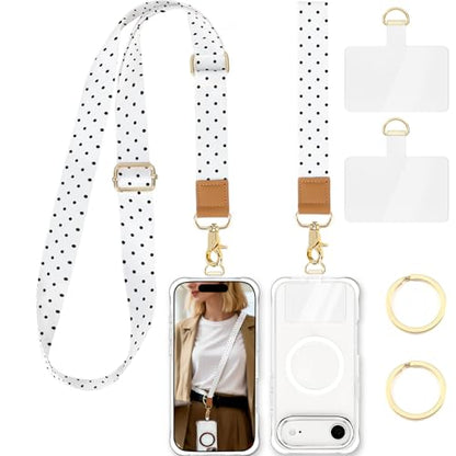 Phone Lanyard Crossbody Strap, Adjustable Neck Strap and Wristlet Strap for Phone Wallet ID Badge with 2 Phone Tabs - color: White Dots