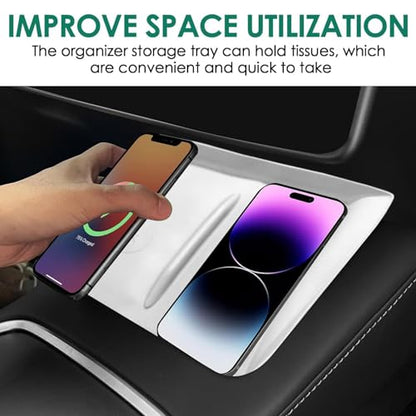 Center Console Wireless Charging Silicone Mat Compatible with Tesla Model 3 2024 Accessories Waterproof Cover Interior Pad Non-Slip Mats Phone Tray Upgrade Protector Mats (White) - color: White