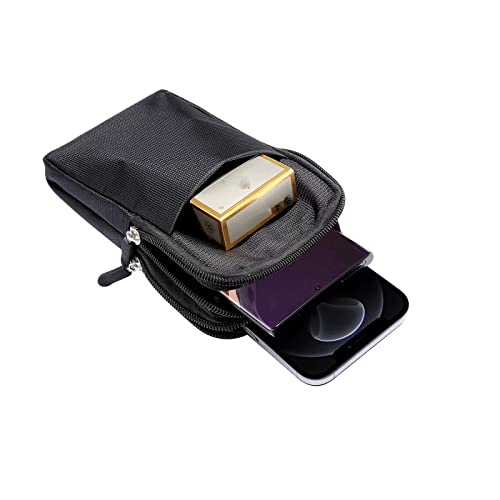 Multifunction Dual Phone Holster Men, Nylon Cell Phone Case Holder Mens Belt Pouch Loop/Clip, Smartphone Belt Wallet Purse 2 Zipper Pockets Compatible with iPhone 14 Pro Max Case 13 Pro Max, Black - color: Black