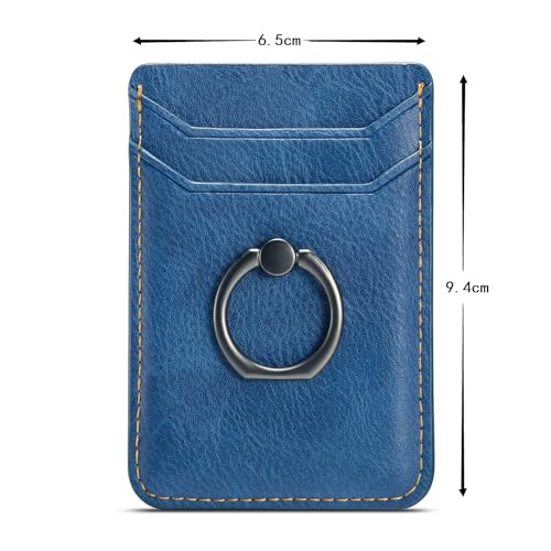 Card Holder Sleeve with Ring, RFID Credit Wallet Synthetic Leather Stick On Back Grip for iPhone Samsung Smartphone - Blue - color: Cow Blue