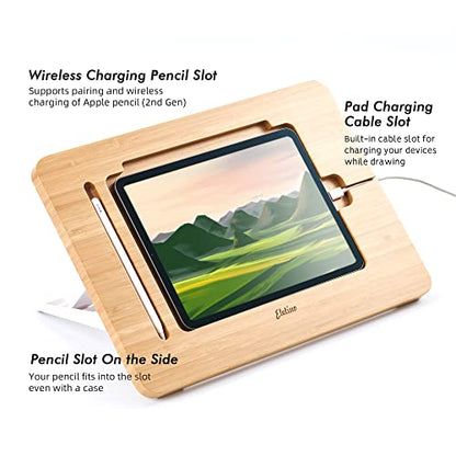 ELETIUO Adjustable Tablet Stand with Pencil&Charger Cable Slot,Bamboo Wooden Stand with Multiple Angles,Organizer Desktop Holder for Drawing,Compatible with ipads(Support to 9.7-11" Devices) - size: 15.6*10.8*1.4 inch