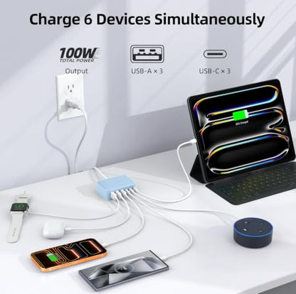 100W 6 in 1 USB Charger, 50% Smaller Charging Station for Multiple Devices - color: Light Blue