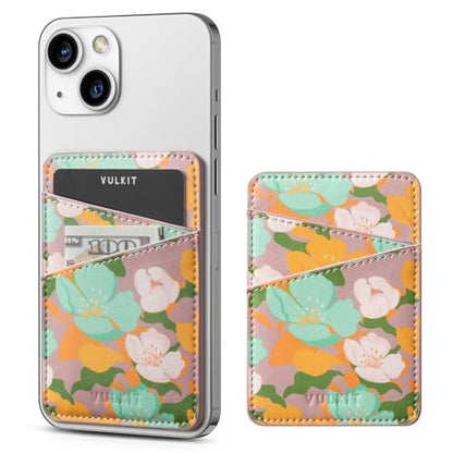 VULKIT Phone Card Holder Wallet Leather Adhesive Pocket RFID Blocking Credit Card Sleeves Stick Back of Phone Smartphones - color: Flower
