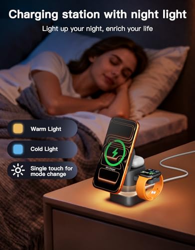 3 in 1 Wireless Charging Station, Wireless Charger with Night-Lamp & Retractable Design, Phone Wireless Charger Fast Charger for Phone 17/16/15/14/13/12/11/X Pro/Max/Plus/Watch/pods