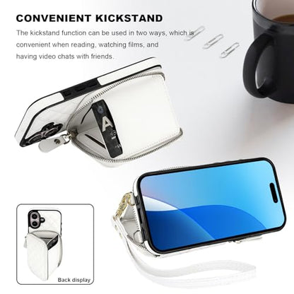 Bocasal Crossbody Wallet Case Card Holder for iPhone 16, White | RFID Blocking PU Leather Zipper Handbag Purse, Kickstand Flip Folio Case with Card Slots Holder Wrist Strap Lanyard 6.1 Inch - color: White