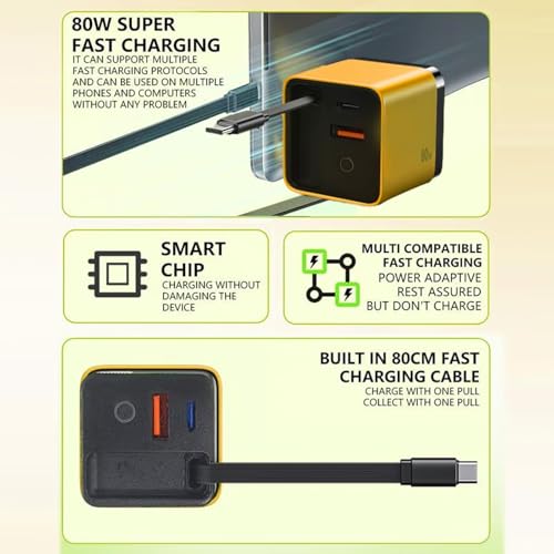 3 in 1 80w max Retractable USB-C Fast Charging Wall Charger with Built-in Cable — Compact Travel-Ready Design, Easy to Carry, Ideal for Hotel Stay, Desktop Charging & On-the-Go Use (Yellow)