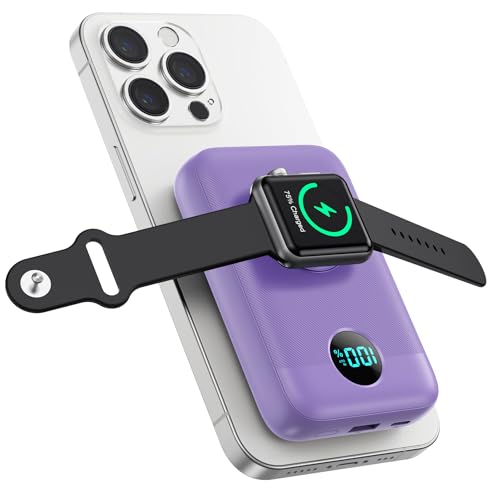 Pxwaxpy Magnetic Portable Charger 10800mAh,4-in-1 Power Bank with iWatch Charger, 25W PD Fast Charging USB C Battery Pack for Magsafe,iPhone 17/16/15/14/13/12 Series,Apple Watch (Purple) - color: Purple