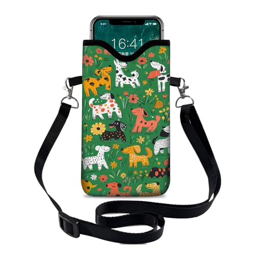 Neoprene Cell Phone Sleeve Pouch Case Bag with Crossbody Strap Neck Lanyard for Women 7.1 X 3.9 in Green Dog - color: Green Dog