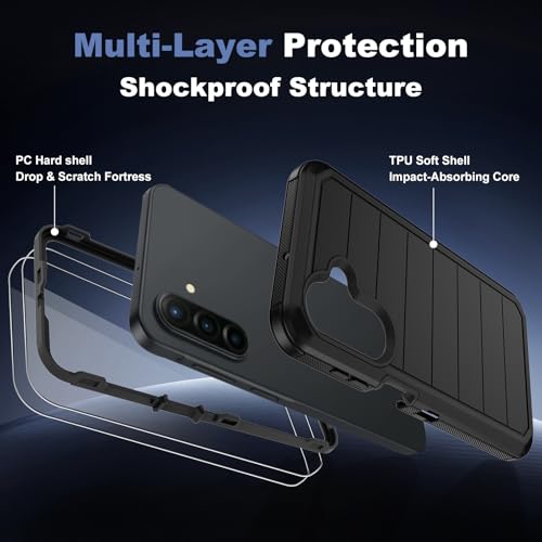 for Samsung Galaxy A17 5G Case, Military-Grade Drop Protection 3-Layer Rugged Shell with Screen Protector, Full-Body Non-Slip Shockproof Heavy Duty Protective Bumper Phone Cover (Black) - color: Black