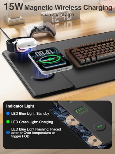Magnetic Wireless Charging Mouse Pad, 31.5"x15.8" Large Desk Mat - color: Black-Watch-Adatper