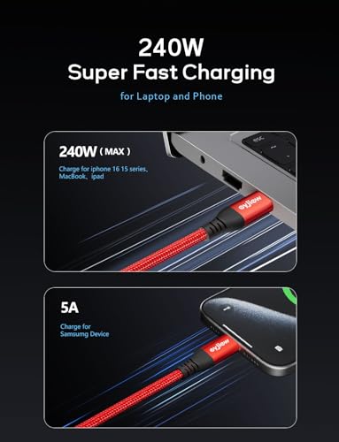 240W USB C to USB C Cable 10FT 2-Pack,USBC to USBC Cable Braided Super Fast - color: Red, size: 10ft