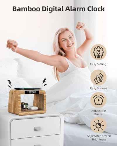 Bamboo Wireless Charging Station with Alarm Clock & Night Light, 3 in 1 Charging Station for iPhone 17/16/15/14/13/12/11 Pro Max/X/Xs, AirPods 4/3 & AirPods Pro 3/2/1/, Apple Watch Series