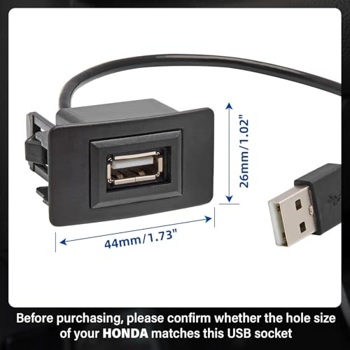 Anina USB Port Car Charger for Honda, Male to Female USB Power Socket Adapter, Panel Flush Mount Extension Cable for Civic CRV Accord Jazz Odyssey, Square Vehicle Dash Port Kit (44 * 26mm)