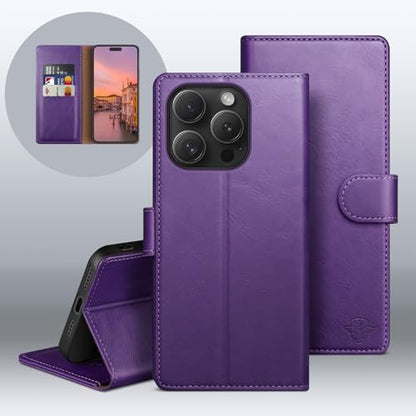 Wallet Case for iPhone 15 Pro 6.1", Purple | RFID-Blocking Card Holder, Kickstand, Magnetic Closure, PU Leather Folio Flip Cover, Protective Women Men Cases - color: Purple, size: iPhone 15 Pro