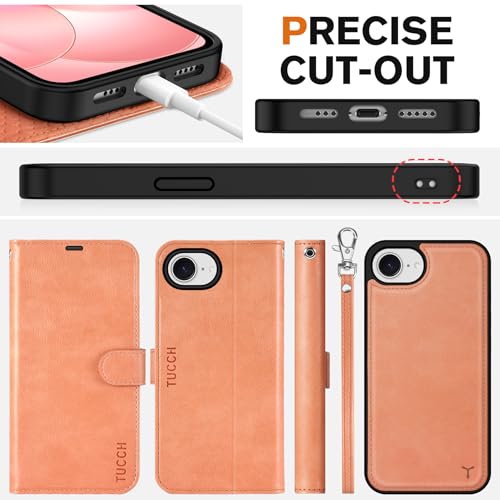 TUCCH Detachable 2-in-1 Case Wallet for iPhone 17e & 16e 6.1", Peachy Pink | 4 Card Slots, RFID Blocking, Wireless Charging, Viewing Stand, Wrist Strap, PU Leather, Shockproof TPU, Magnetic, Flip Cover - color: Textured Peachy Pink