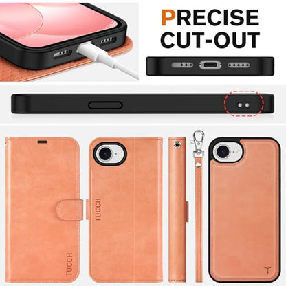TUCCH Detachable 2-in-1 Case Wallet for iPhone 17e & 16e 6.1", Peachy Pink | 4 Card Slots, RFID Blocking, Wireless Charging, Viewing Stand, Wrist Strap, PU Leather, Shockproof TPU, Magnetic, Flip Cover - color: Textured Peachy Pink