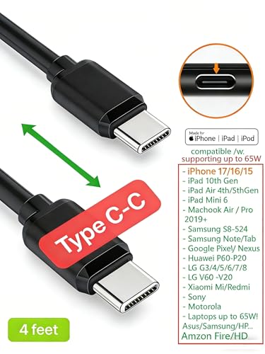 7-Pack Assorted Individual 4FT USB and USB-C Cables, Compatible/w iPhone17,16,15, iPhone14-5/ iPad/MacBook/iPad mini/Samsung Moblies & Tablets/Pixel & Nexus/HTC etc (Black) - color: Black