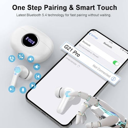 Bluetooth 5.4 Earbuds, 2026 Bass-3.0 Wireless Headphones 3D-Stereo Ear Buds, 4 ENC Noise Cancelling Mic, 40+Hrs USB-C in-Ear Earphones, IP-X7 Waterproof Sport Workout Gym for Laptop Pad Android iOS - color: B-White PRO