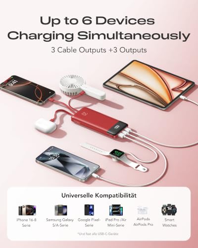 Orfeika 20000mAh Power Bank, Portable Charger with 4 Built-in Cables - color: Red