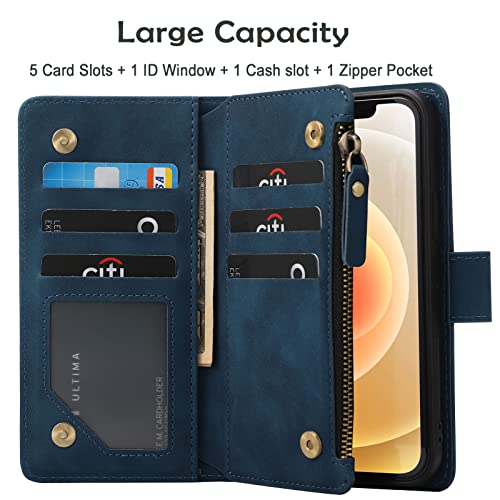 RANYOK Wallet Case Compatible with iPhone 13/14 (6.1 inch), Premium PU Leather Zipper Flip Folio Wallet RFID Blocking with Wrist Strap Magnetic Closure Built-in Kickstand Protective Case (Blue) - color: Blue