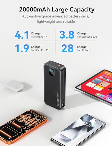 Portable Charger 20000mAh 22.5W w/Built-in Cable & Wall Plug Black - color: Ebony