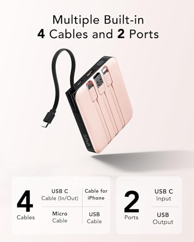 VRURC 20000mAh Power Bank Built-in Cables, Travel Essentials, Portable Charger 22.5W Fast Charging USB C Battery Pack, Phone Battery Bank for iPhone 17/16/15 Series, Android Phone - Pink(1 Pack) - color: Pink