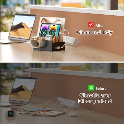 Pezin & Hulin Bamboo Charging Station with USB Charger&Cables-Natural+Black - color: Natural + Black(With Charger)