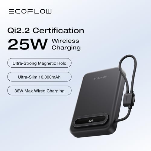 EF ECOFLOW Rapid Mag Power Bank, Qi2.2 25W MagSafe-Compatible Portable Charger, 10,000mAh Magnetic Power Charger with Built-in USB-C Cable and Foldable Stand, for iPhone 17/16/15 - color: Black