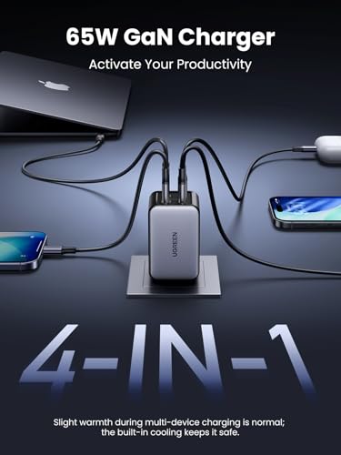 UGREEN Nexode 65W Wall Charger, 4-Port, GaN Fast Charging Block - size: 2.64*1.65*1.5 inches