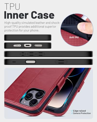 OCASE Compatible with iPhone 16 Pro Wallet Case, PU Leather Flip Folio Case with Card Holders RFID Blocking Kickstand [Shockproof TPU Inner Shell] Phone Cover 6.3 Inch 2024, Red | RFID Blocking, Flip Case, Magnetic Clasp, PU Leather Wallet Case, Kickstand