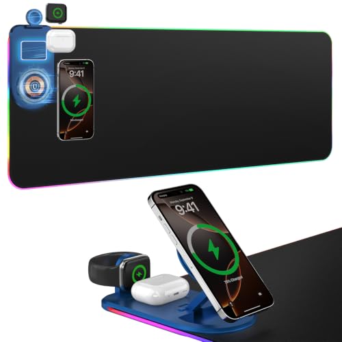 Wireless Charging RGB Gaming Mouse Pad with Foldable Phone Holder, Black