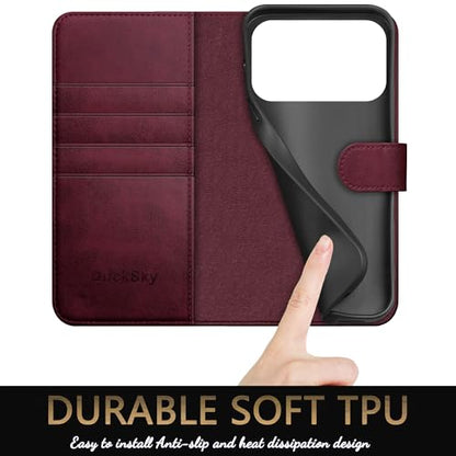 DuckSky Compatible with iPhone 17 Pro Max 6.9" Genuine Leather Wallet case【RFID Blocking】【4 Credit Card Holder】【Real Leather】 Flip Phone case Cover Women Men for Apple 17 Pro Max case Wine Red - color: Wine Red