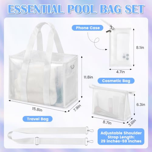 3-Piece Iridescent Beach Bag Set for Women, Large PVC Pool Bag Set | Includes Summer Beach Tote, Cosmetic Bag and Touchscreen Phone Pouch for Pool, Travel and Vacation - color: White