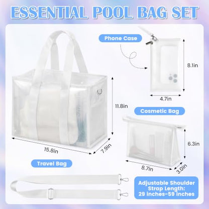 3-Piece Iridescent Beach Bag Set for Women, Large PVC Pool Bag Set | Includes Summer Beach Tote, Cosmetic Bag and Touchscreen Phone Pouch for Pool, Travel and Vacation - color: White